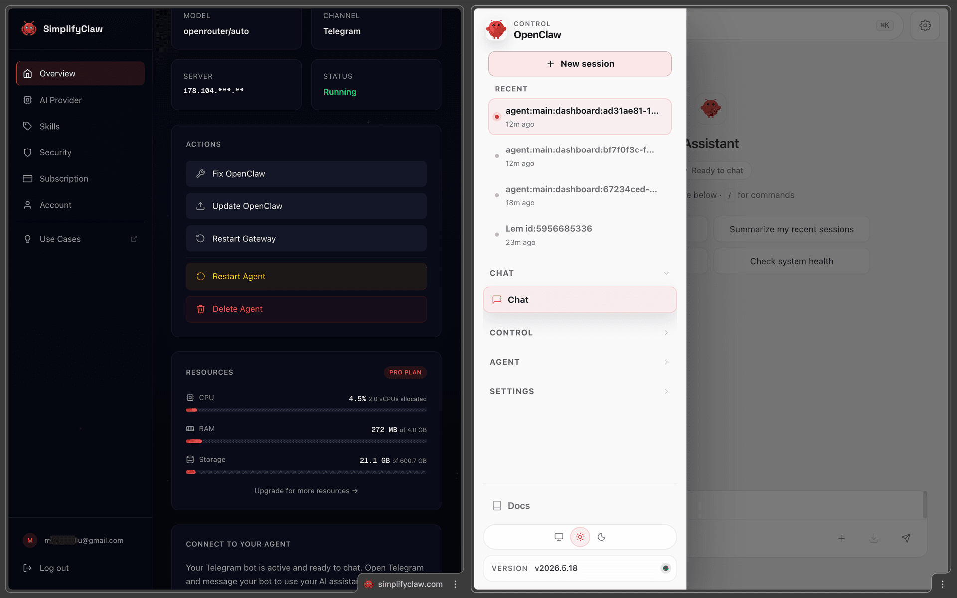 SimplifyClaw dashboard showing an OpenClaw AI agent online with 99.9% uptime, 47 messages today, and 312 tasks completed