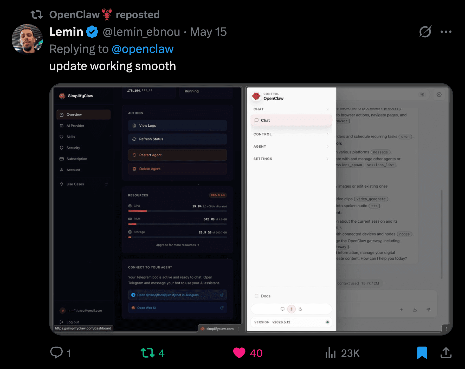 Screenshot of @OpenClaw reposting SimplifyClaw on X (Twitter) — 23,000 views, 40 likes, 4 reposts. Social proof that the OpenClaw team endorses SimplifyClaw.